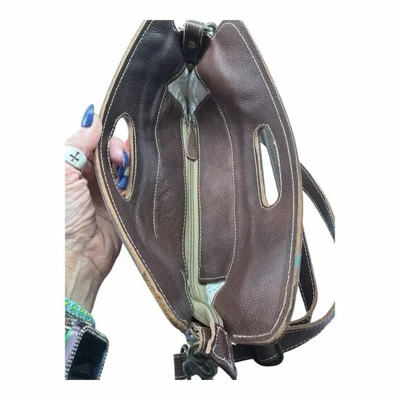 Brand New Myra Azure Petals Woven Crossbody Bag with Handtooled Leather - Picture 3 of 5